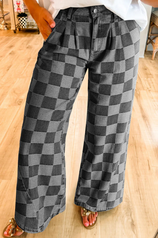 Checkered Wide Leg Jeans with Pockets | Maekery Studio