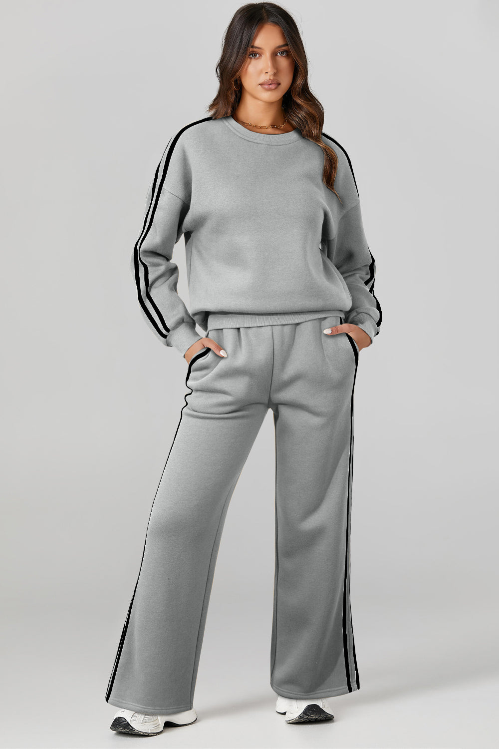 Round Neck Long Sleeve Top and Pants Active Set | Maekery Studio