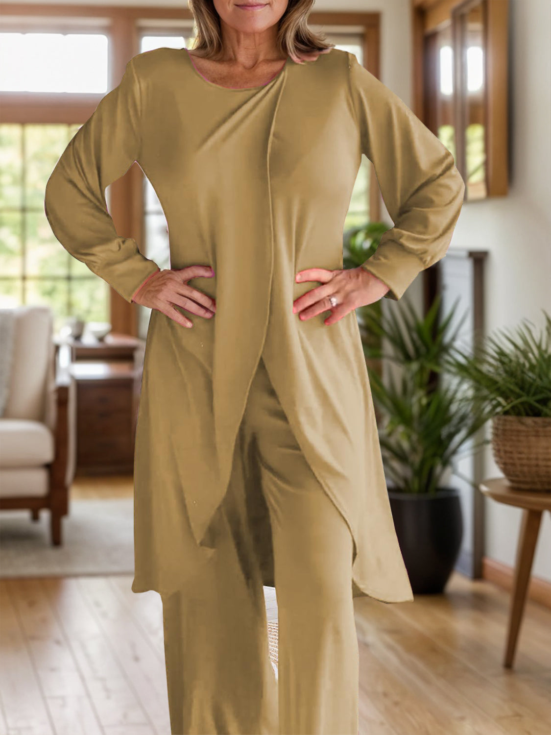 Full Size Slit Round Neck Long Sleeve Top and Pants Set | Maekery Studio