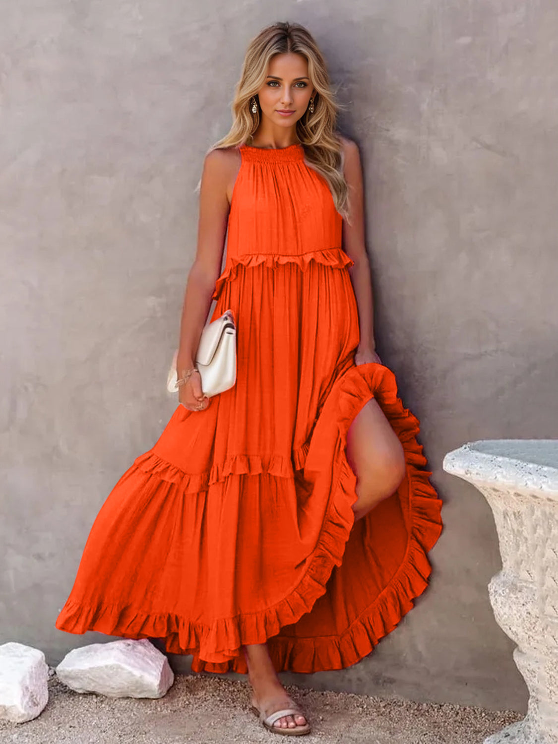 Ruffled Sleeveless Tiered Maxi Dress with Pockets | Maekery Studio