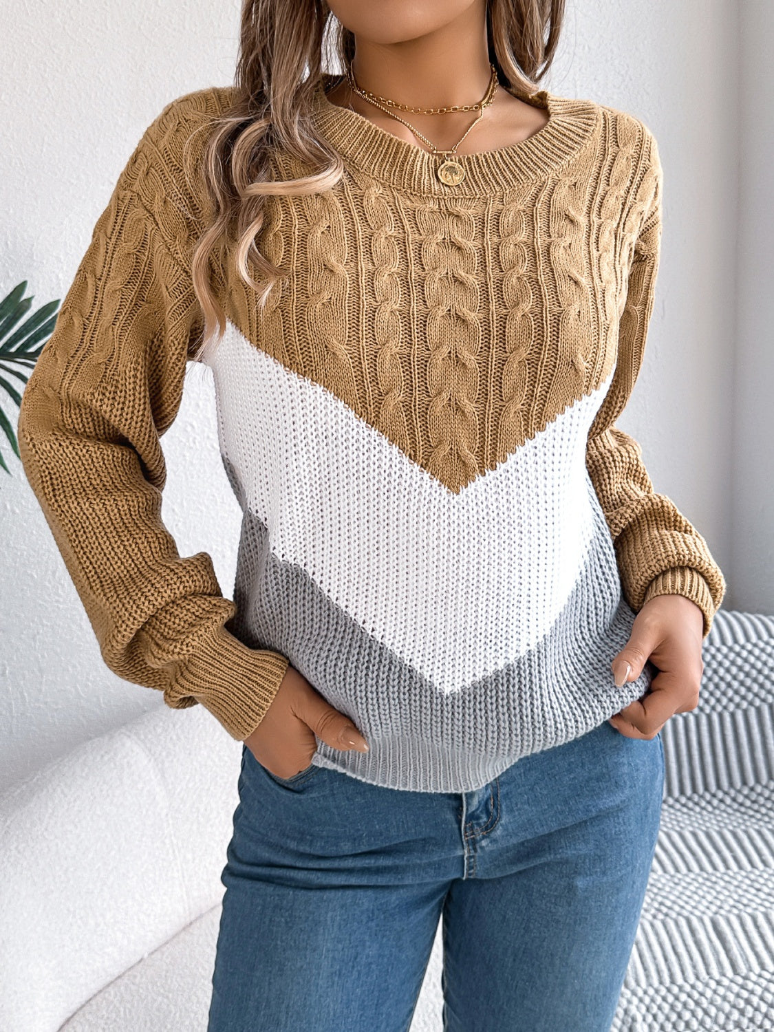 Cable-Knit Color Block Round Neck Sweater | Maekery Studio