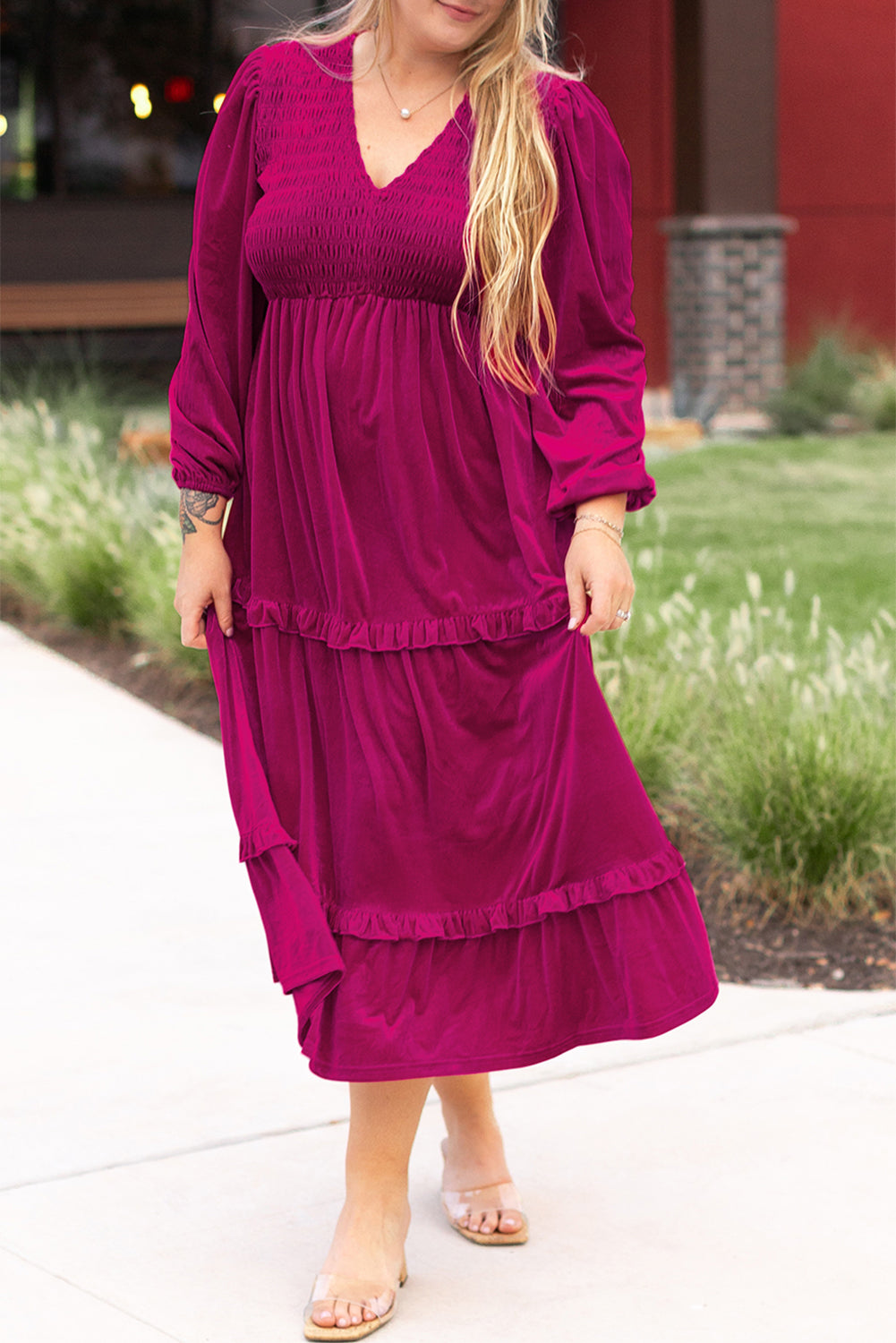 Rose Red Smocked V Neck Tiered Ruffle Velvet Plus Size Maxi Dress | Maekery Studio