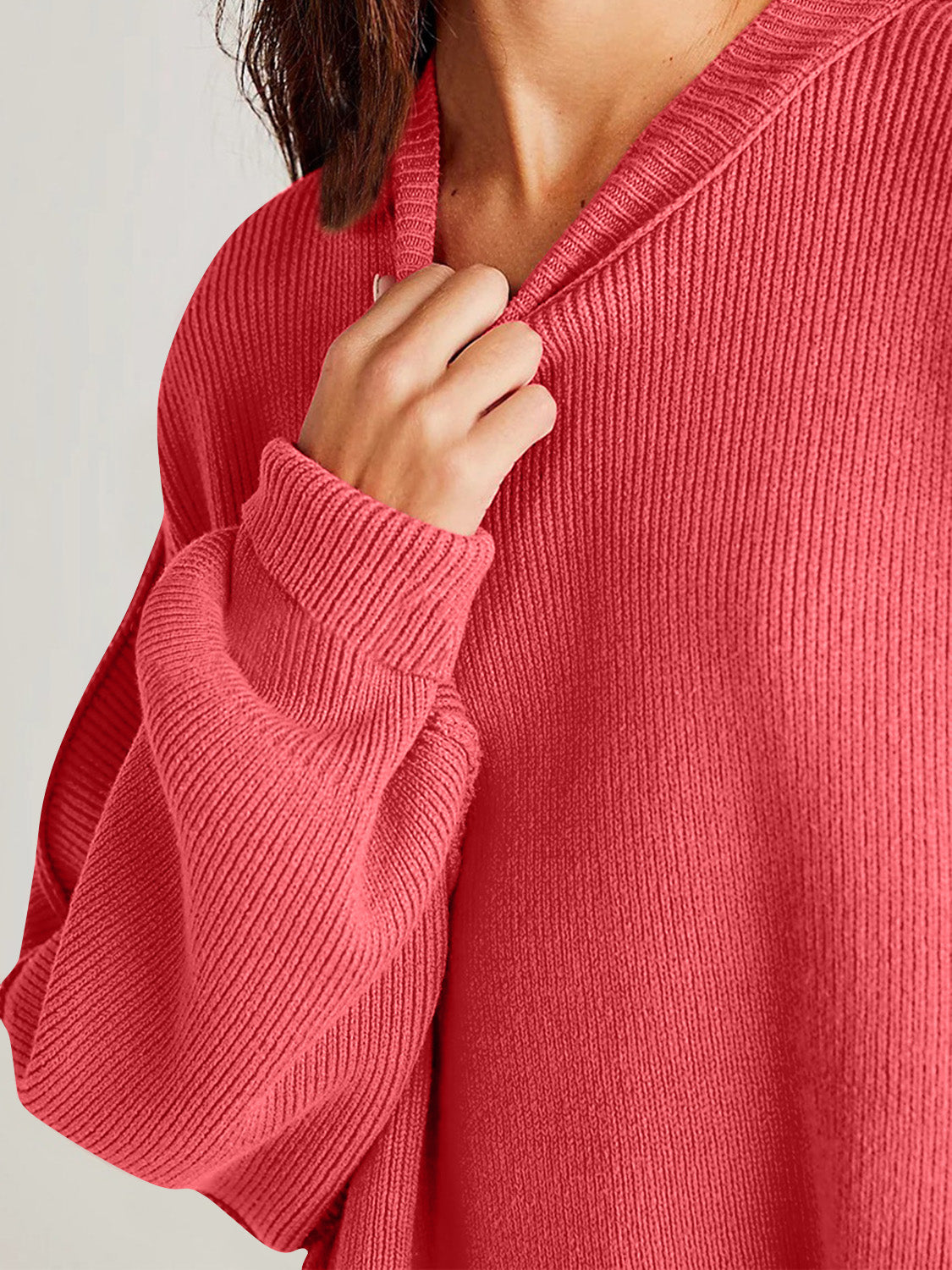 Double Take Side Slit Round Neck Long Sleeve Sweater | Maekery Studio