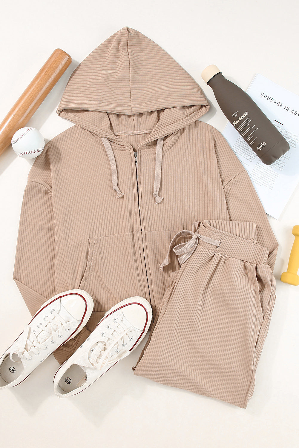 Drawstring Zip Up Hoodie and Pants Active Set | Maekery Studio