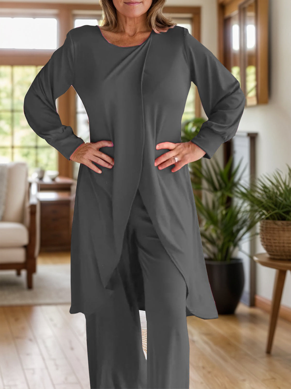 Full Size Slit Round Neck Long Sleeve Top and Pants Set | Maekery Studio