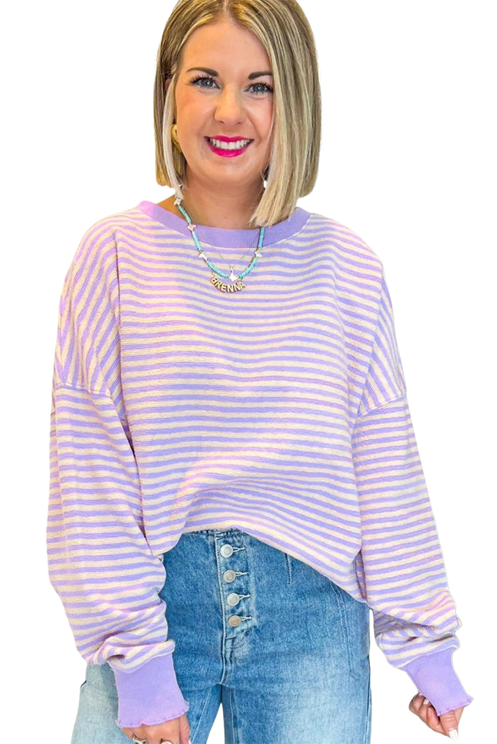 Purple Stripe Drop Shoulder Long Sleeve Top