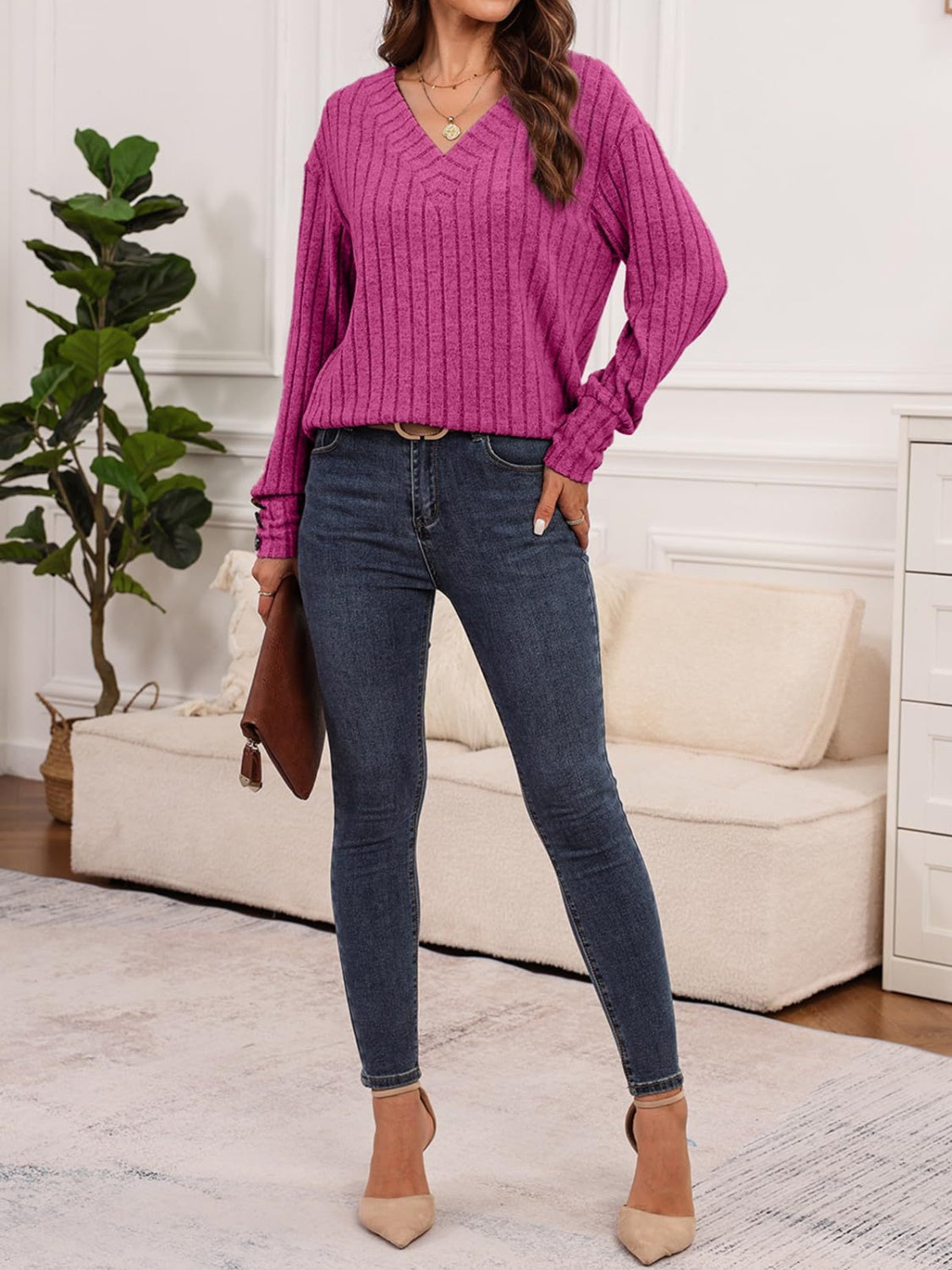 Ribbed V-Neck Long Sleeve T-Shirt | Maekery Studio