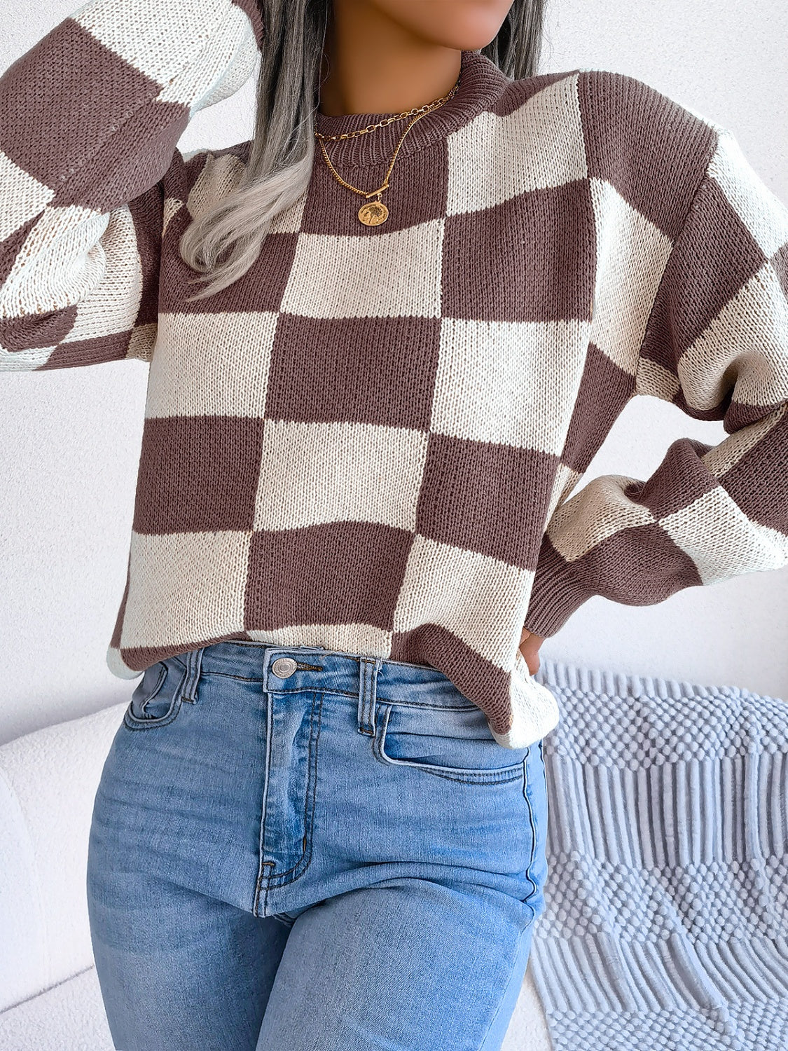 Checkered Mock Neck Long Sleeve Sweater | Maekery Studio