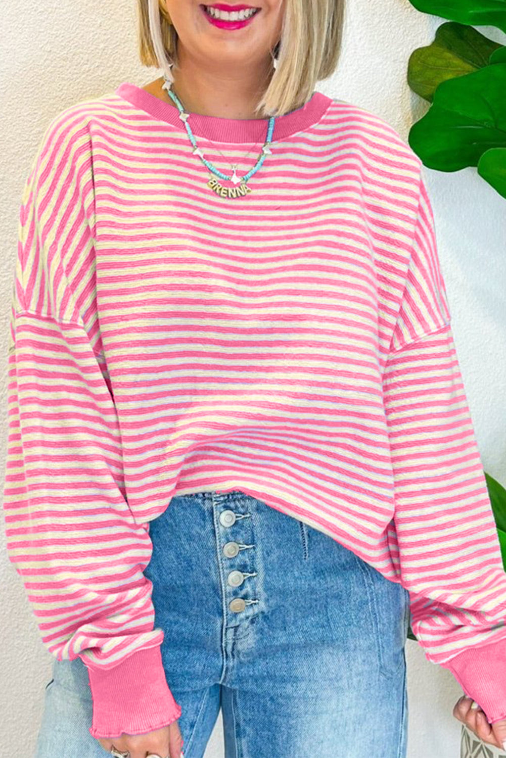 Purple Stripe Drop Shoulder Long Sleeve Top