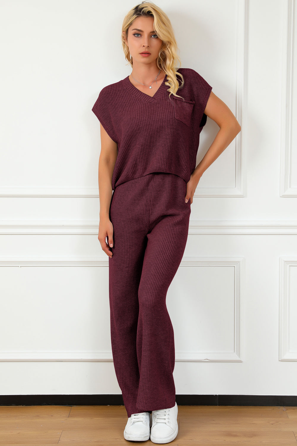 Pocketed V-Neck Top and Wide Leg Sweater Set | Maekery Studio