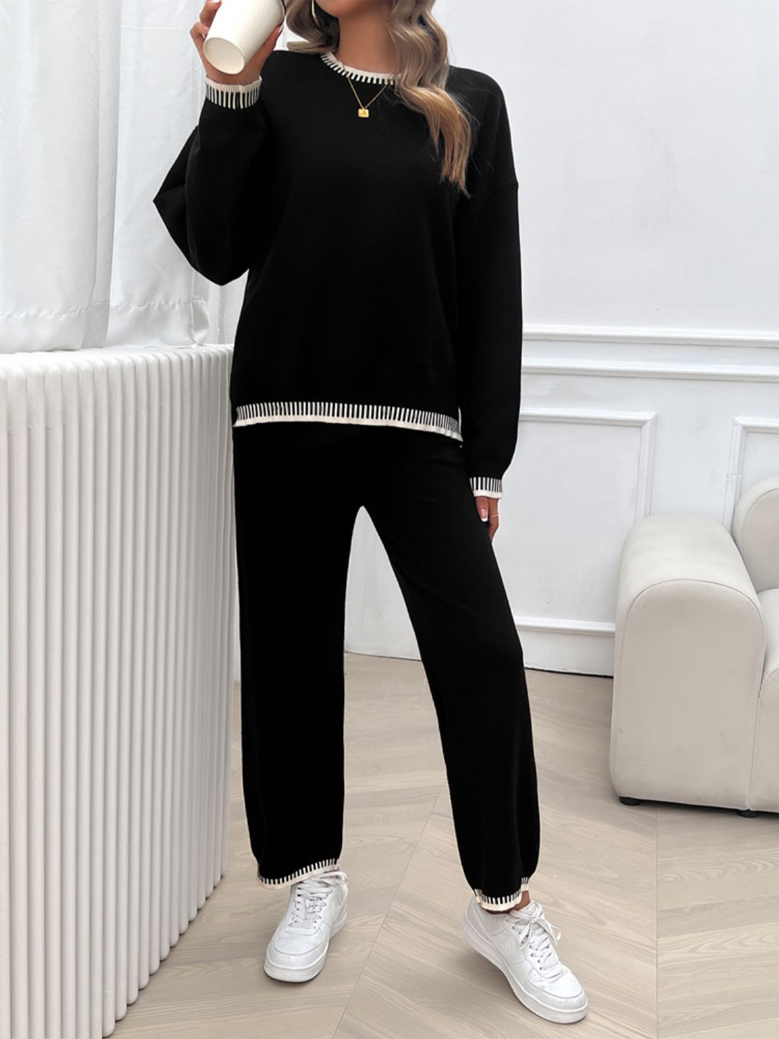 Devine Round Neck Dropped Shoulder Top and Pants Sweater Set | Maekery Studio