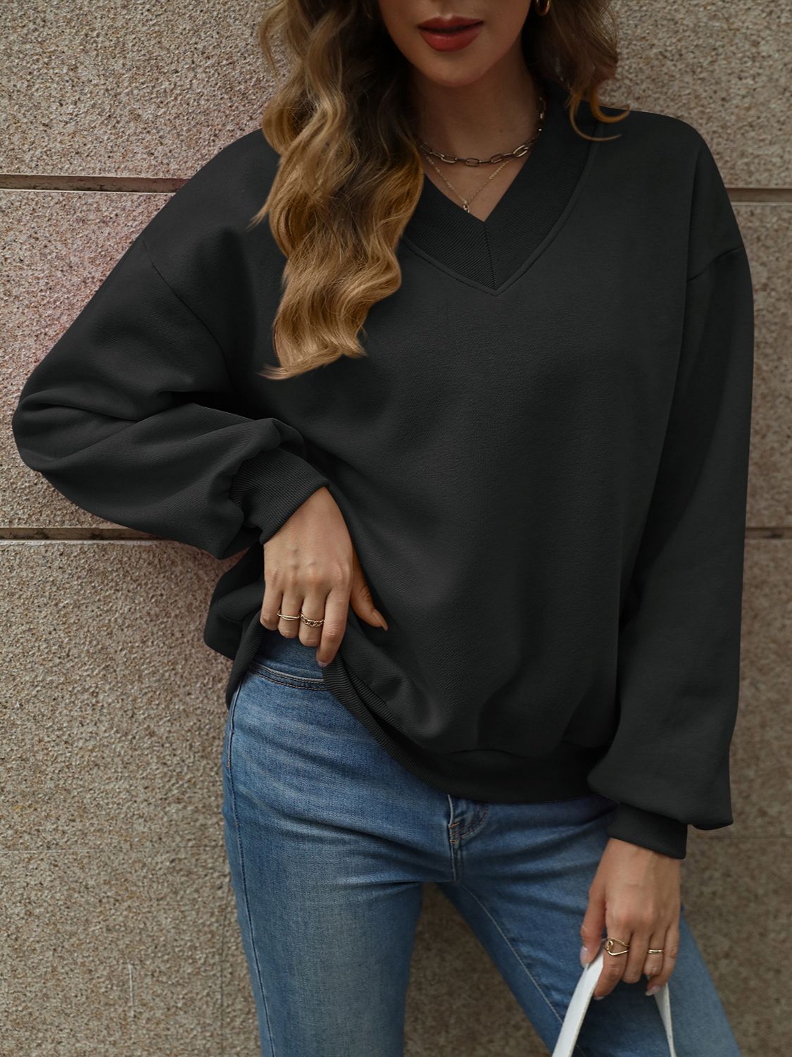 V-Neck Long Sleeve Dropped Shoulder Sweatshirt | Maekery Studio