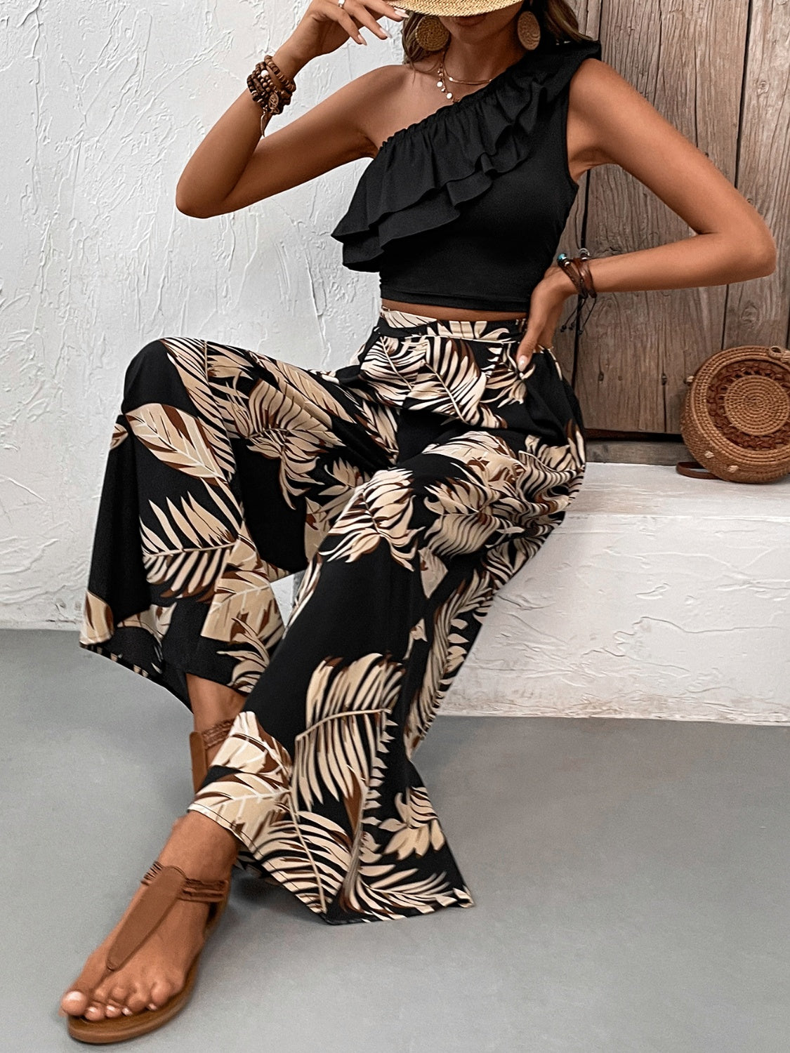 Honey Ruffled Sleeveless Top and Printed Pants Set | Maekery Studio