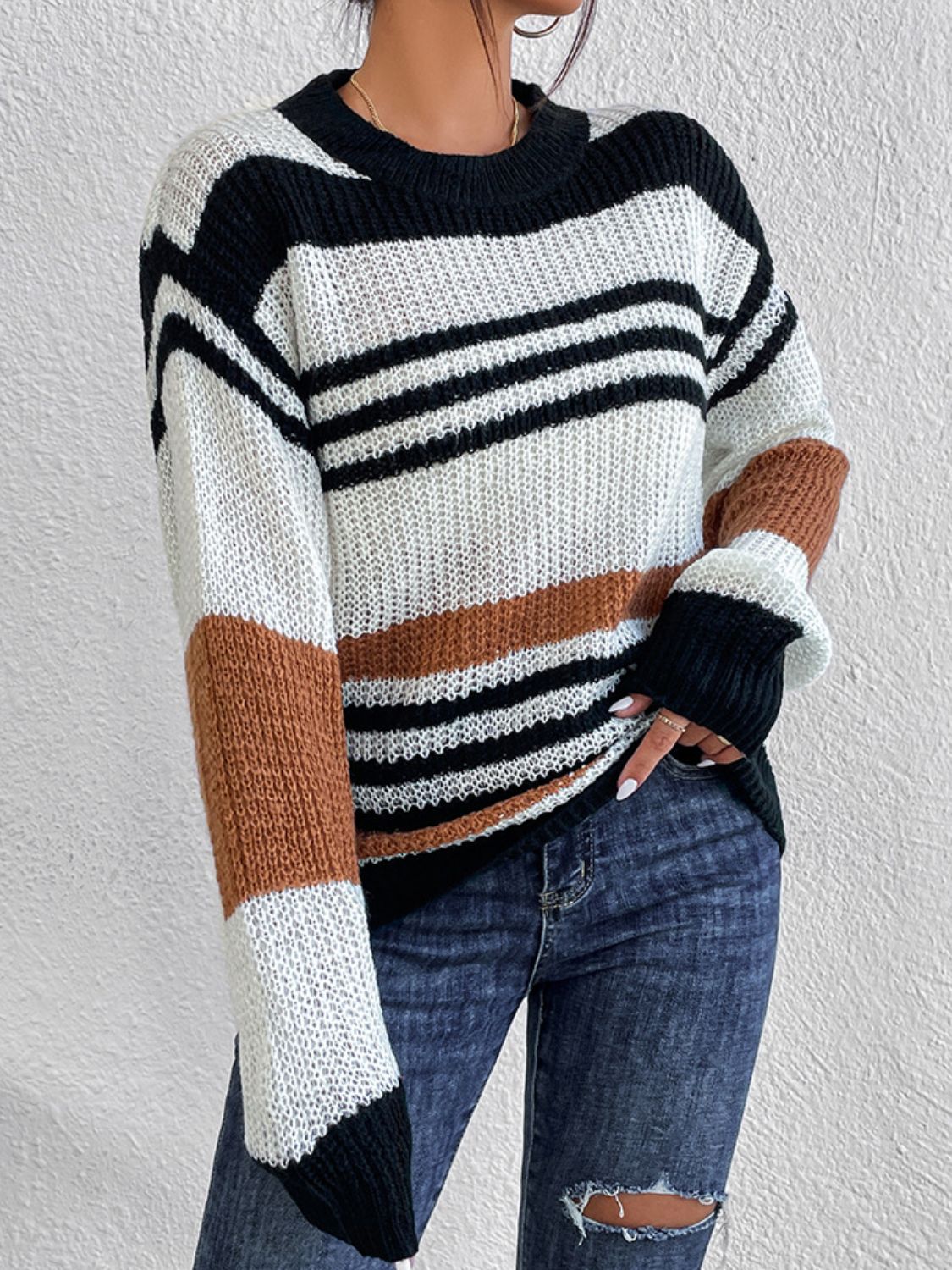 Contrast Striped Round Neck Long Sleeve Sweater | Maekery Studio