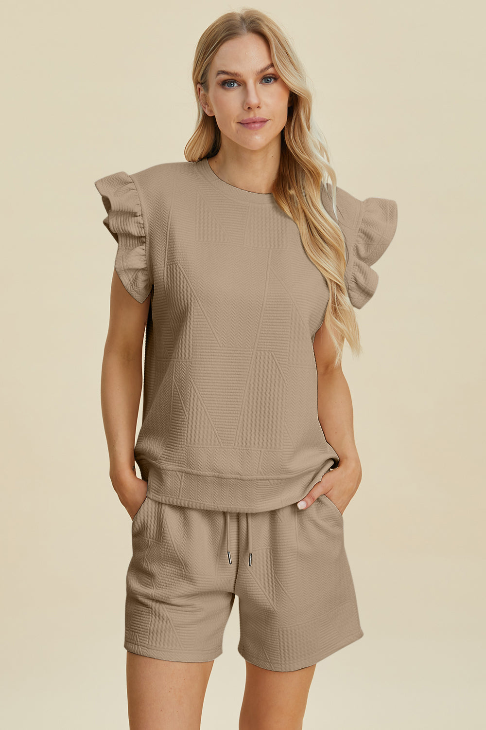 Double Take Full Size Texture Round Neck Ruffle Sleeve Top and Shorts Set | Maekery Studio