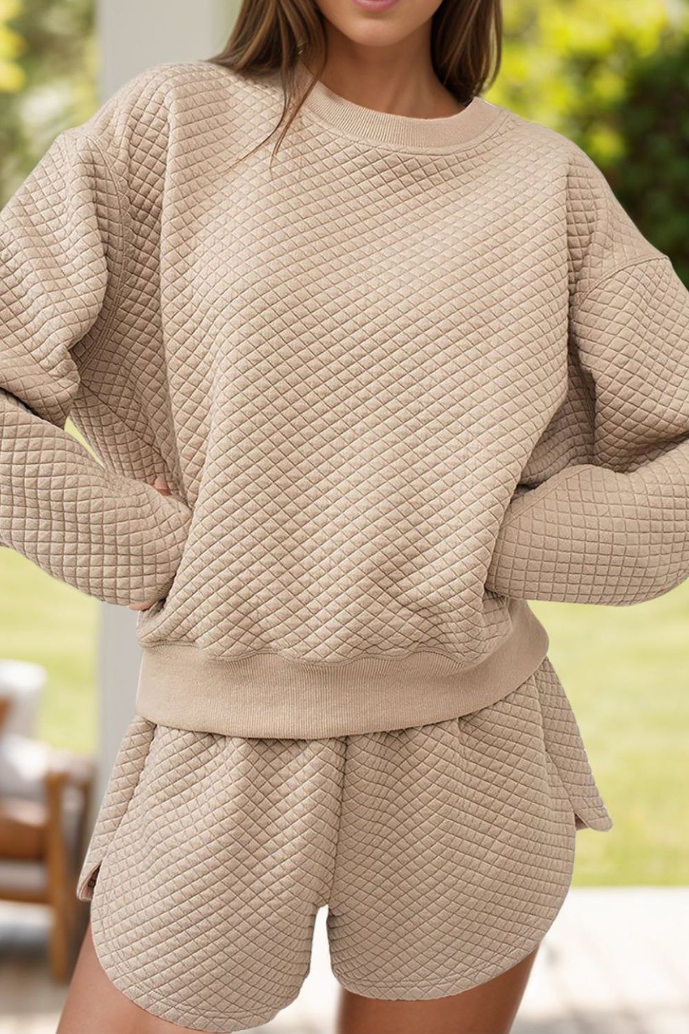 Quilted Round Neck Long Sleeve Top and Shorts Set | Maekery Studio