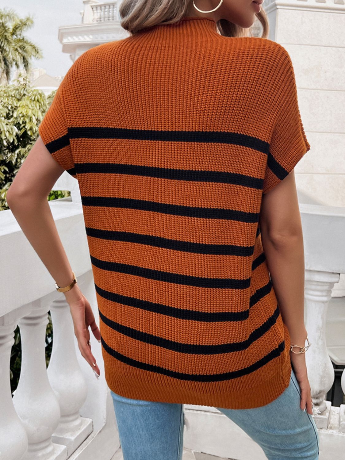 Devine Striped Mock Neck Short Sleeve Sweater | Maekery Studio