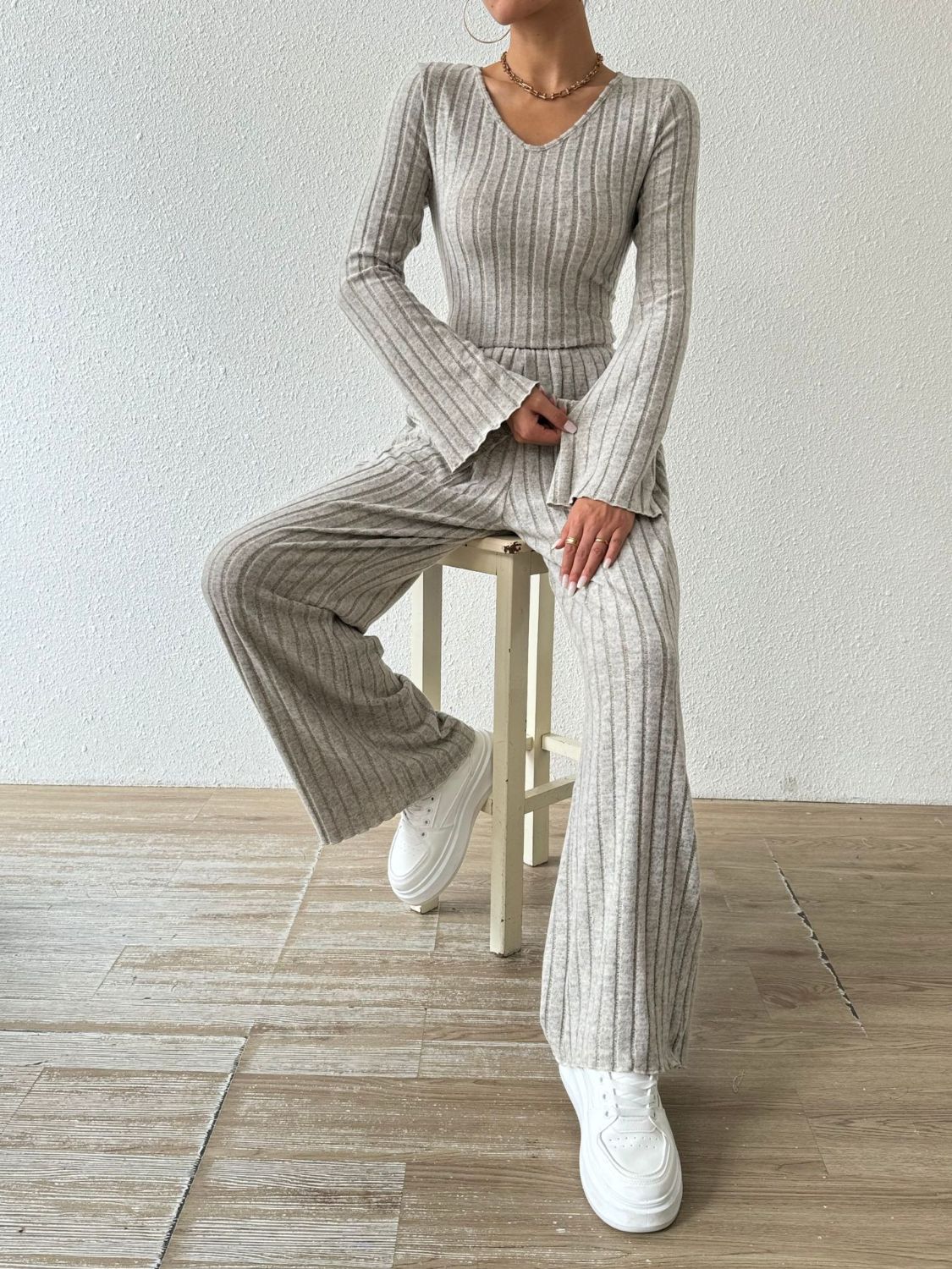 Ribbed V-Neck Long Sleeve Top and Pocketed Pants Set | Maekery Studio