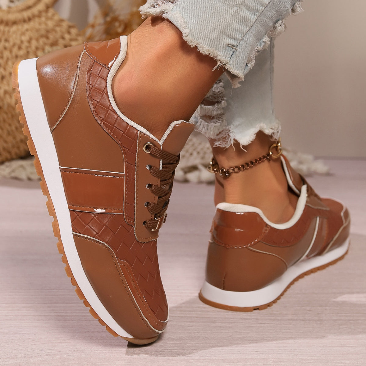 Lace-Up PU Leather Sneakers | Maekery Studio