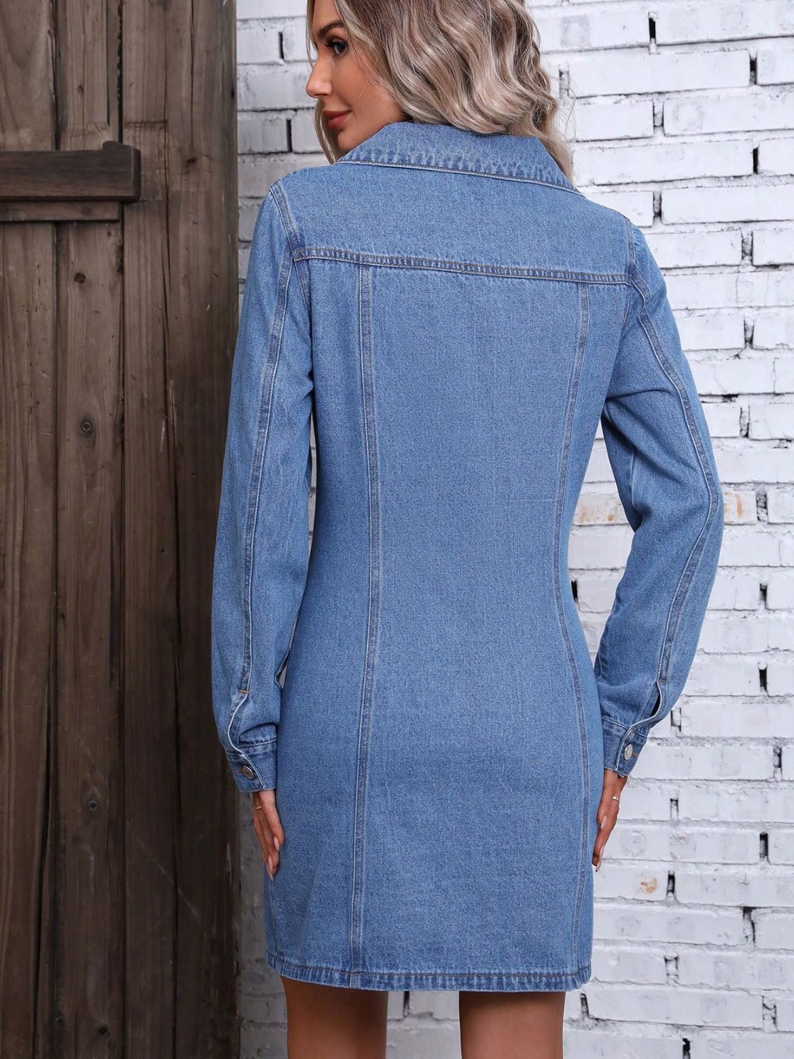 Ruched Button Up Long Sleeve Denim Dress | Maekery Studio