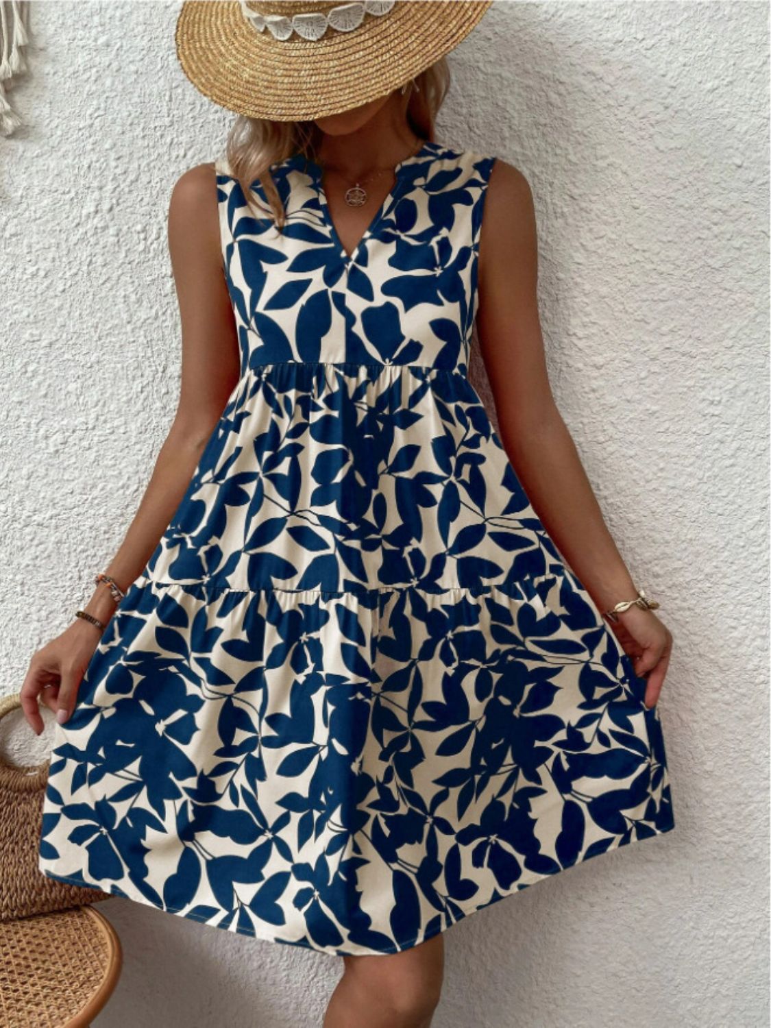 Printed Notched Sleeveless Mini Dress | Maekery Studio