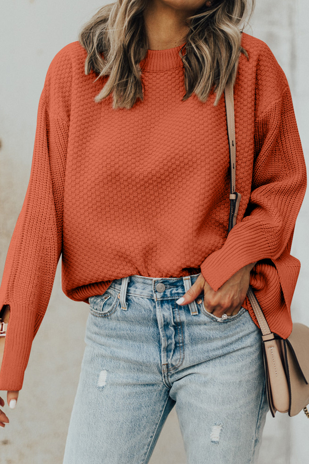 Textured Round Neck Long Sleeve Sweater | Maekery Studio