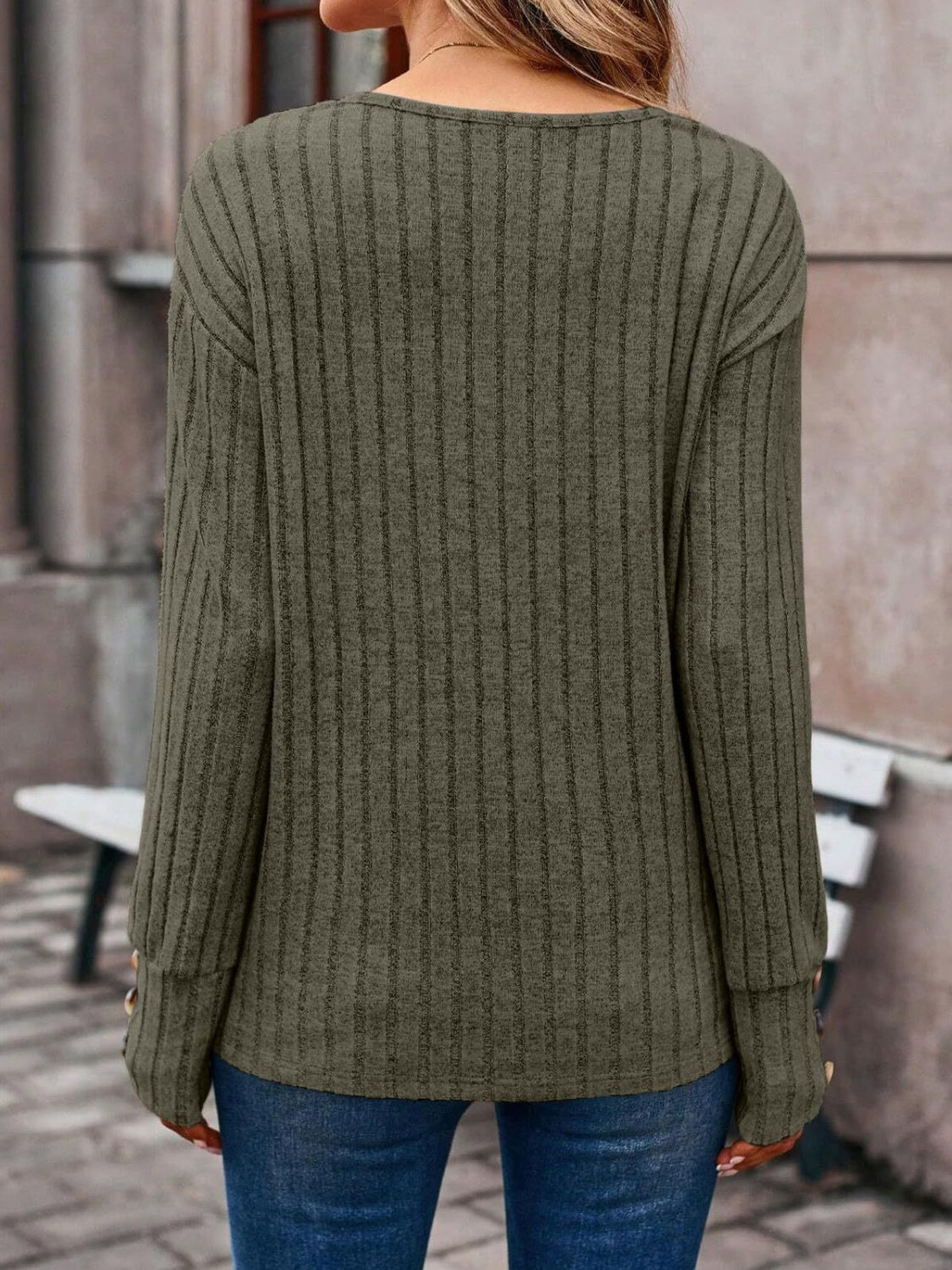 Ribbed V-Neck Long Sleeve T-Shirt | Maekery Studio