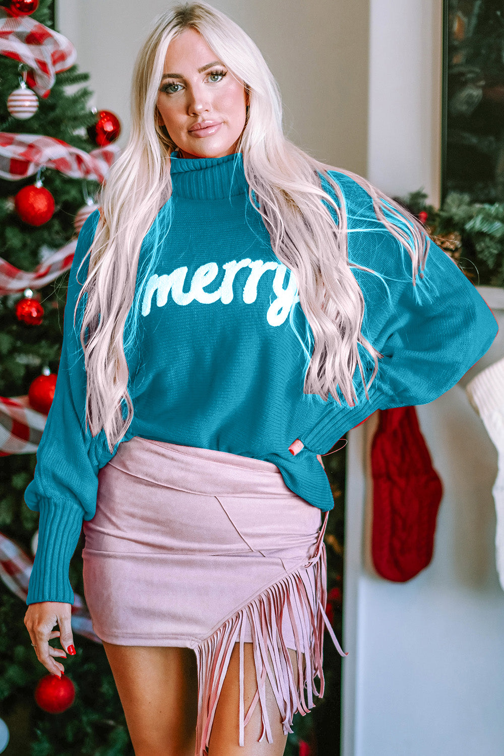 Double Take Full Size Merry Christmas Turtleneck Long Sleeve Sweater | Maekery Studio