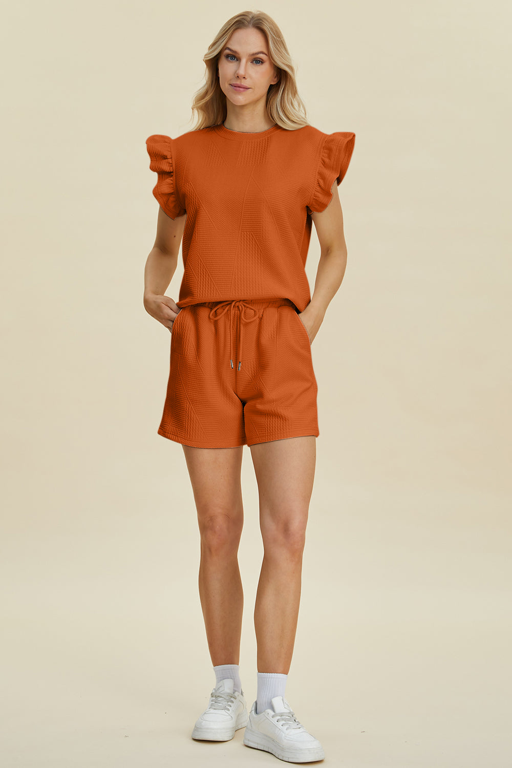 Double Take Full Size Texture Round Neck Ruffle Sleeve Top and Shorts Set | Maekery Studio