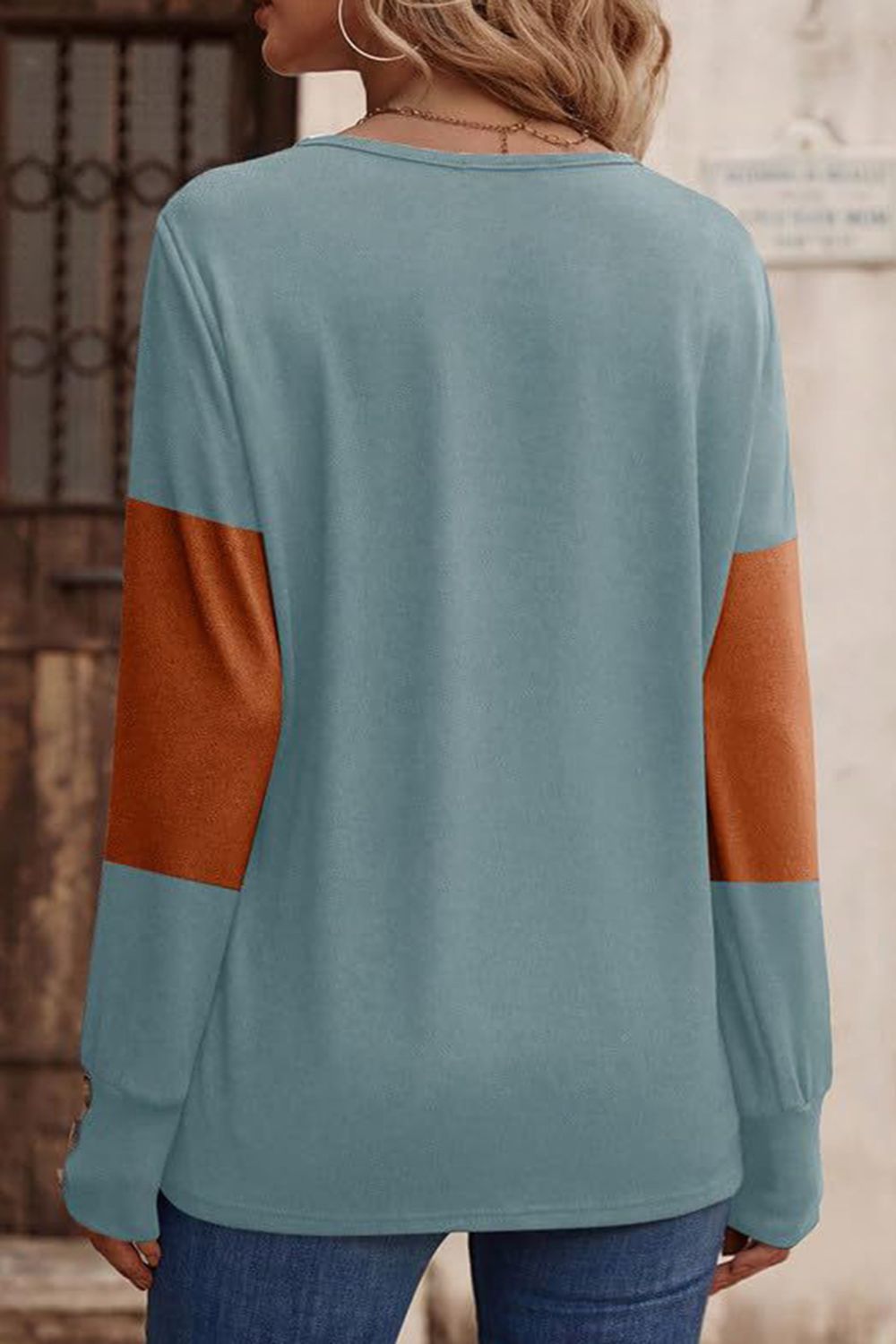 Decorative Button Contrast V-Neck Long Sleeve T-Shirt | Maekery Studio