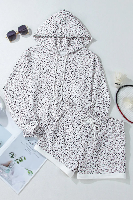 Drawstring Leopard Long Sleeve Hooded Top and Shorts Set | Maekery Studio