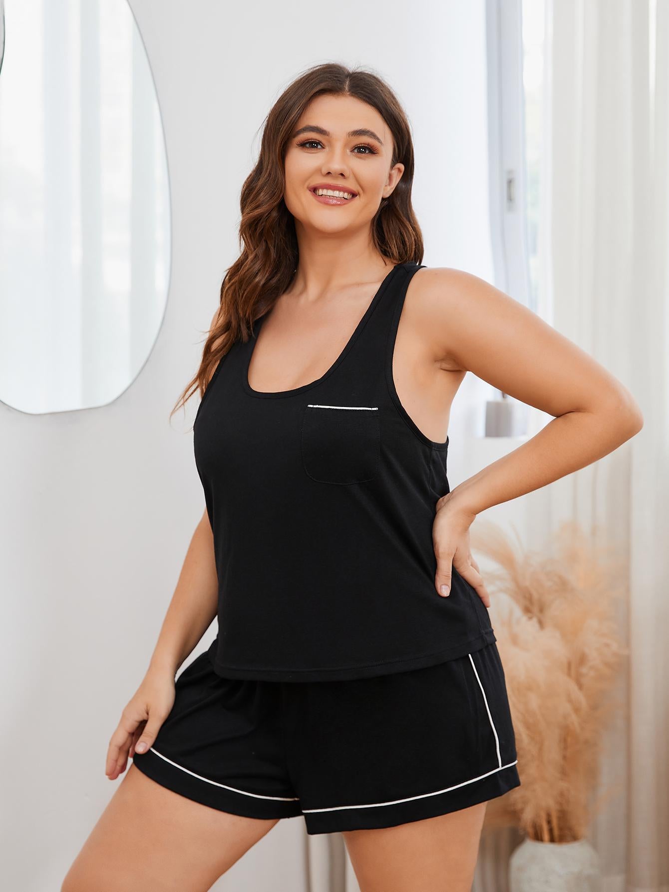 Plus Size Contrast Piping Racerback Tank and Shorts Lounge Set | Maekery Studio