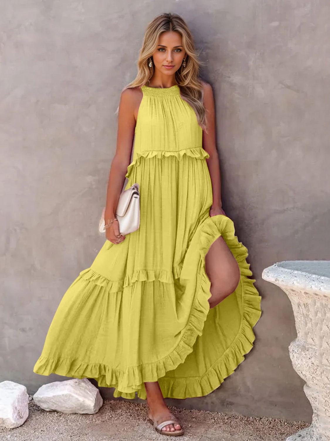 Ruffled Sleeveless Tiered Maxi Dress with Pockets | Maekery Studio