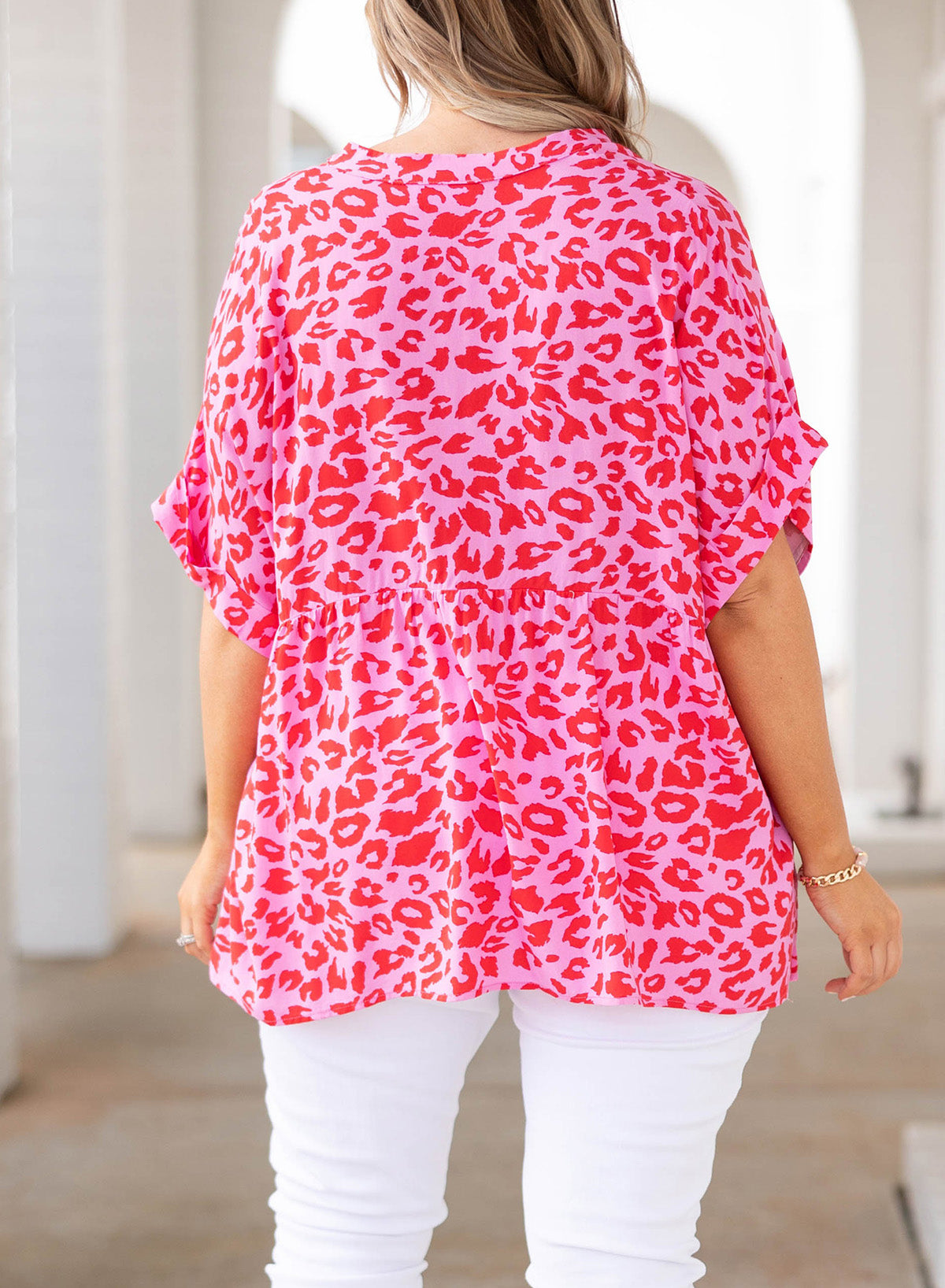 Plus Size Printed Notched Neck Half Sleeve Top | Maekery Studio