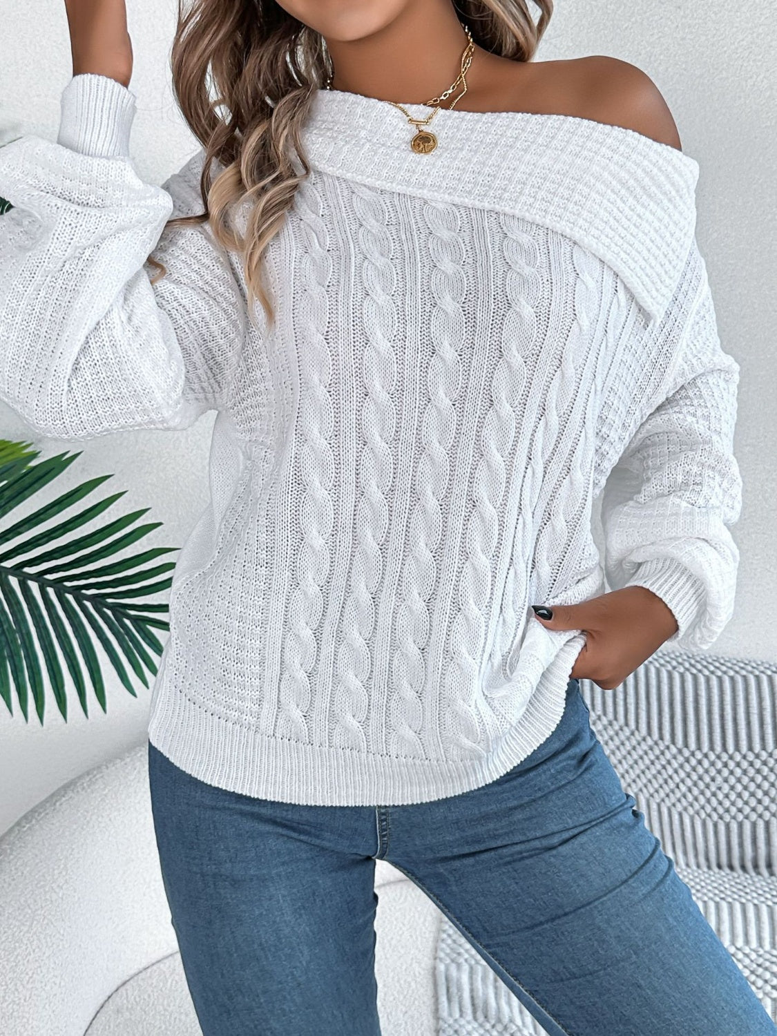 Cable-Knit One Shoulder Long Sleeve Sweater | Maekery Studio