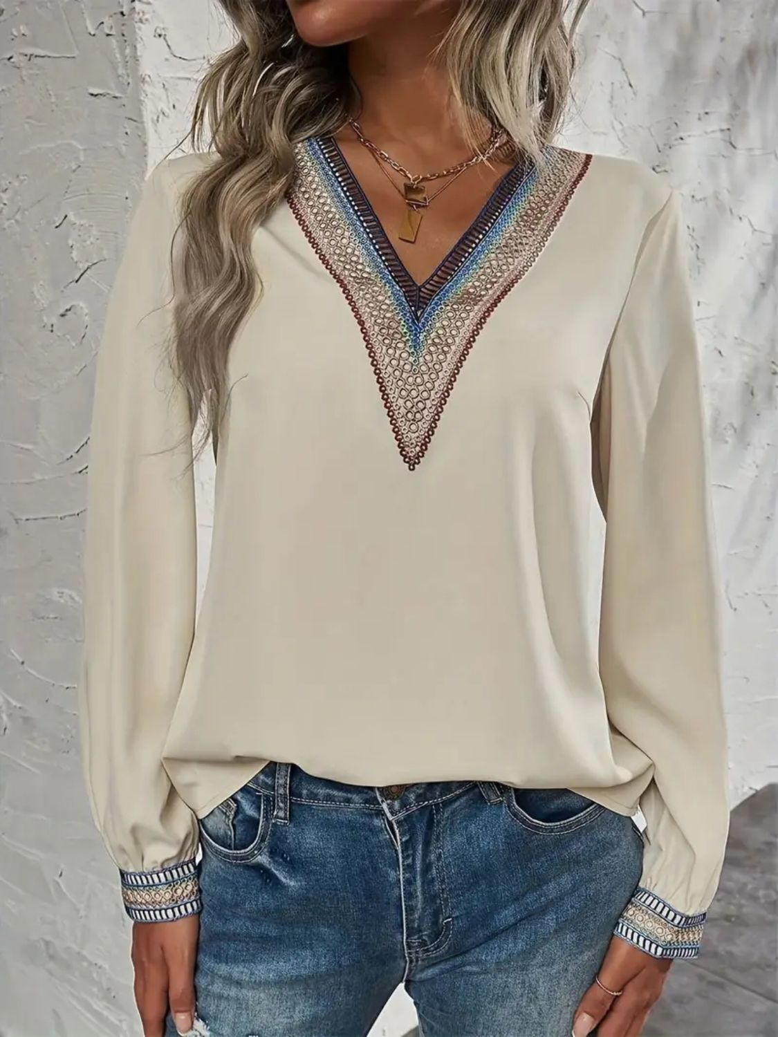 Contrast V-Neck Long Sleeve Blouse | Maekery Studio