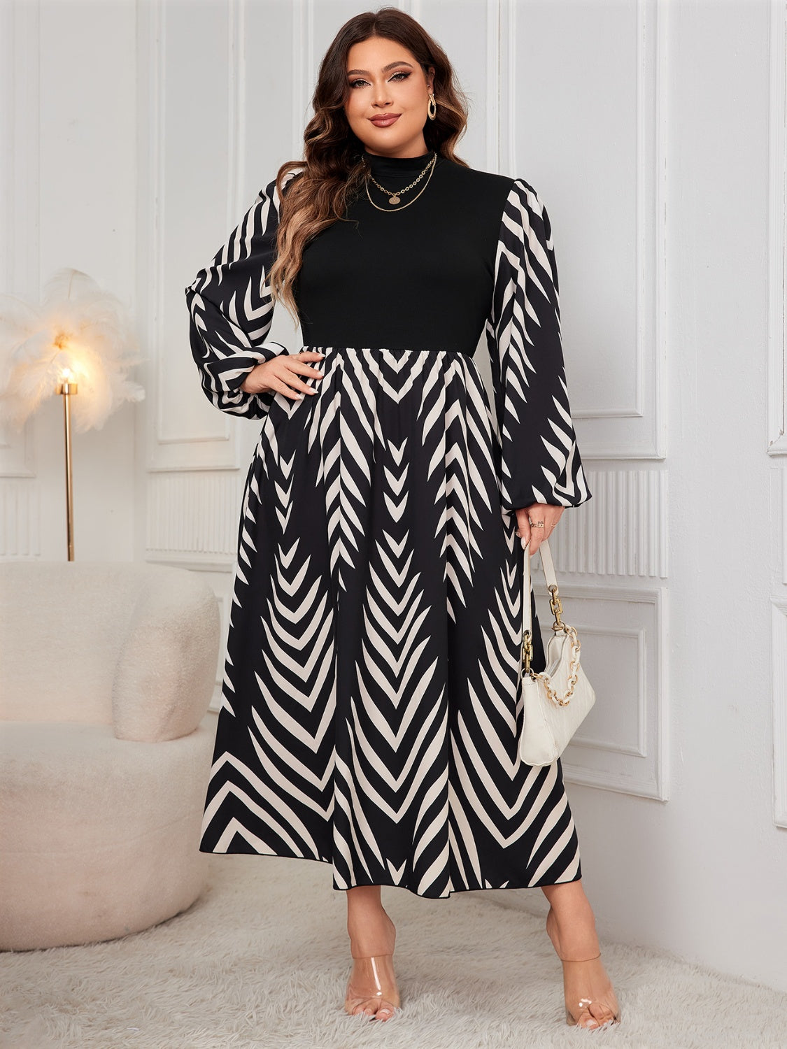 Honey Plus Size Printed Mock Neck Long Sleeve Midi Dress | Maekery Studio