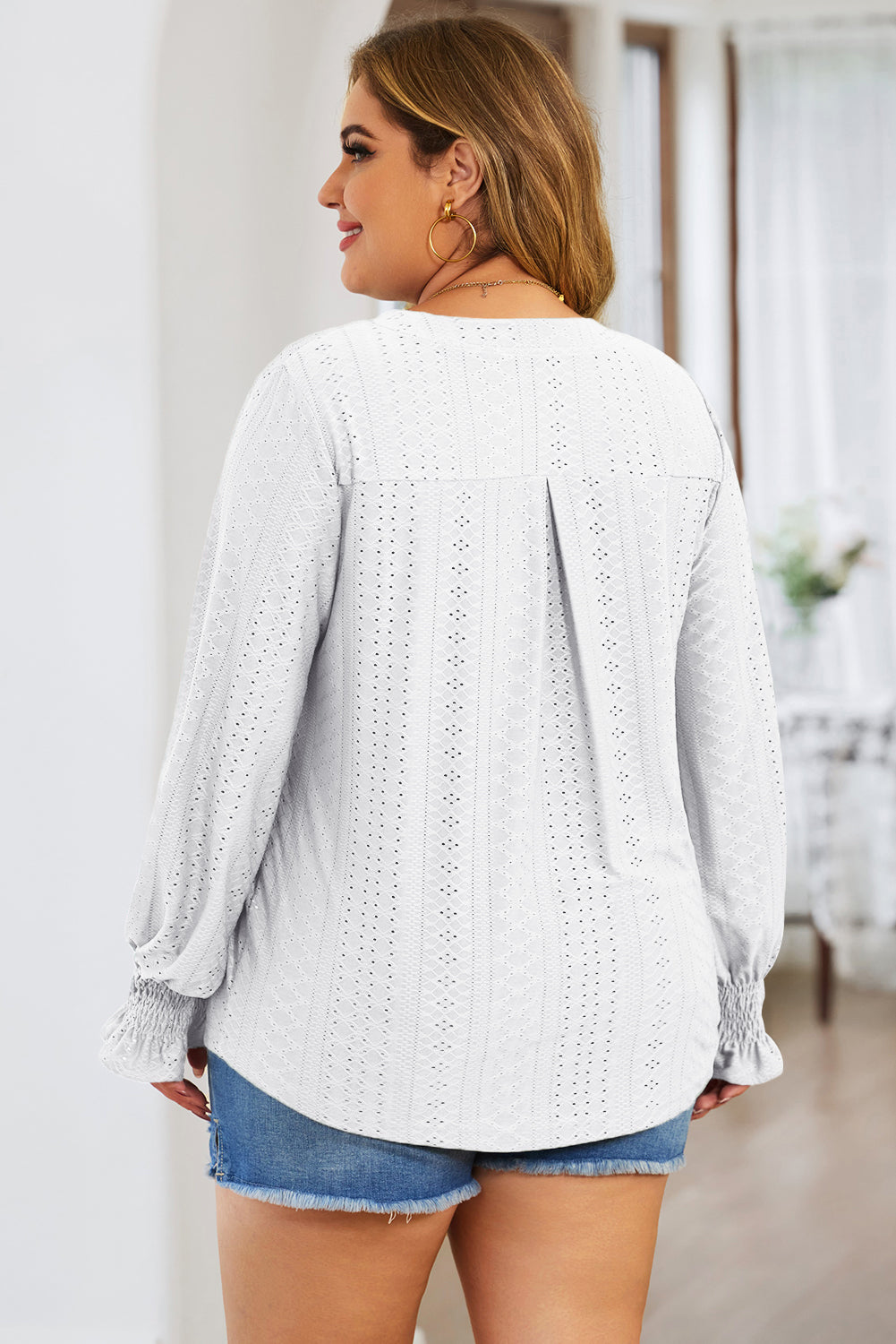 Plus Size Eyelet Notched Flounce Sleeve Blouse | Maekery Studio