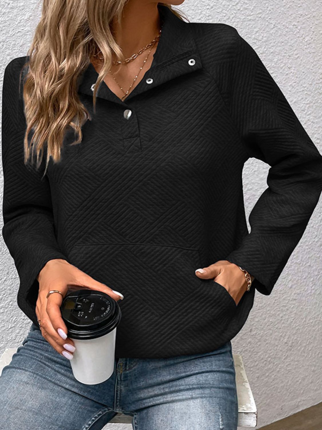 Perfee Half Buttoned Collared Neck Sweatshirt with Pocket | Maekery Studio