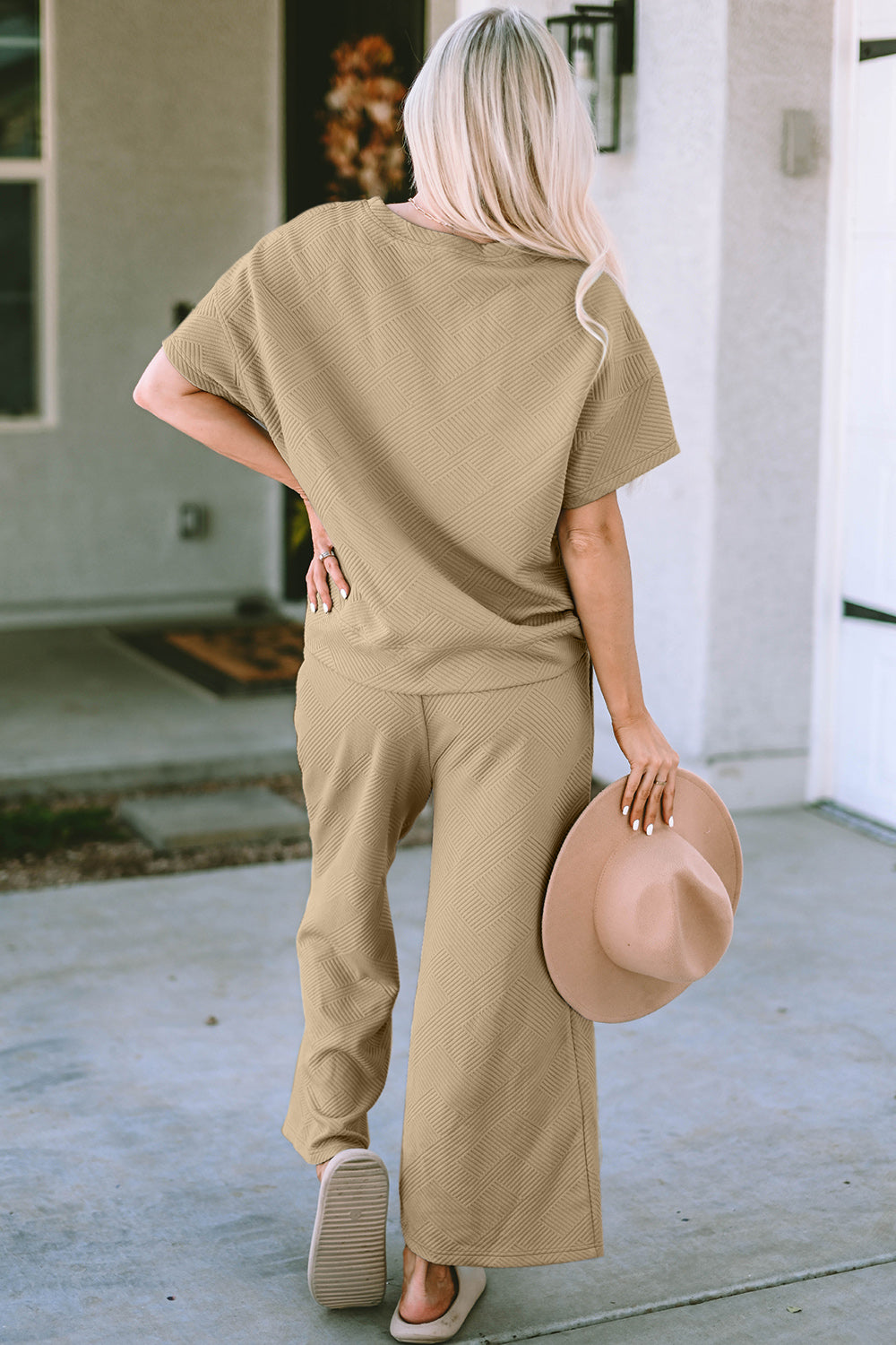 Double Take Full Size Texture Short Sleeve Top and Pants Set | Maekery Studio