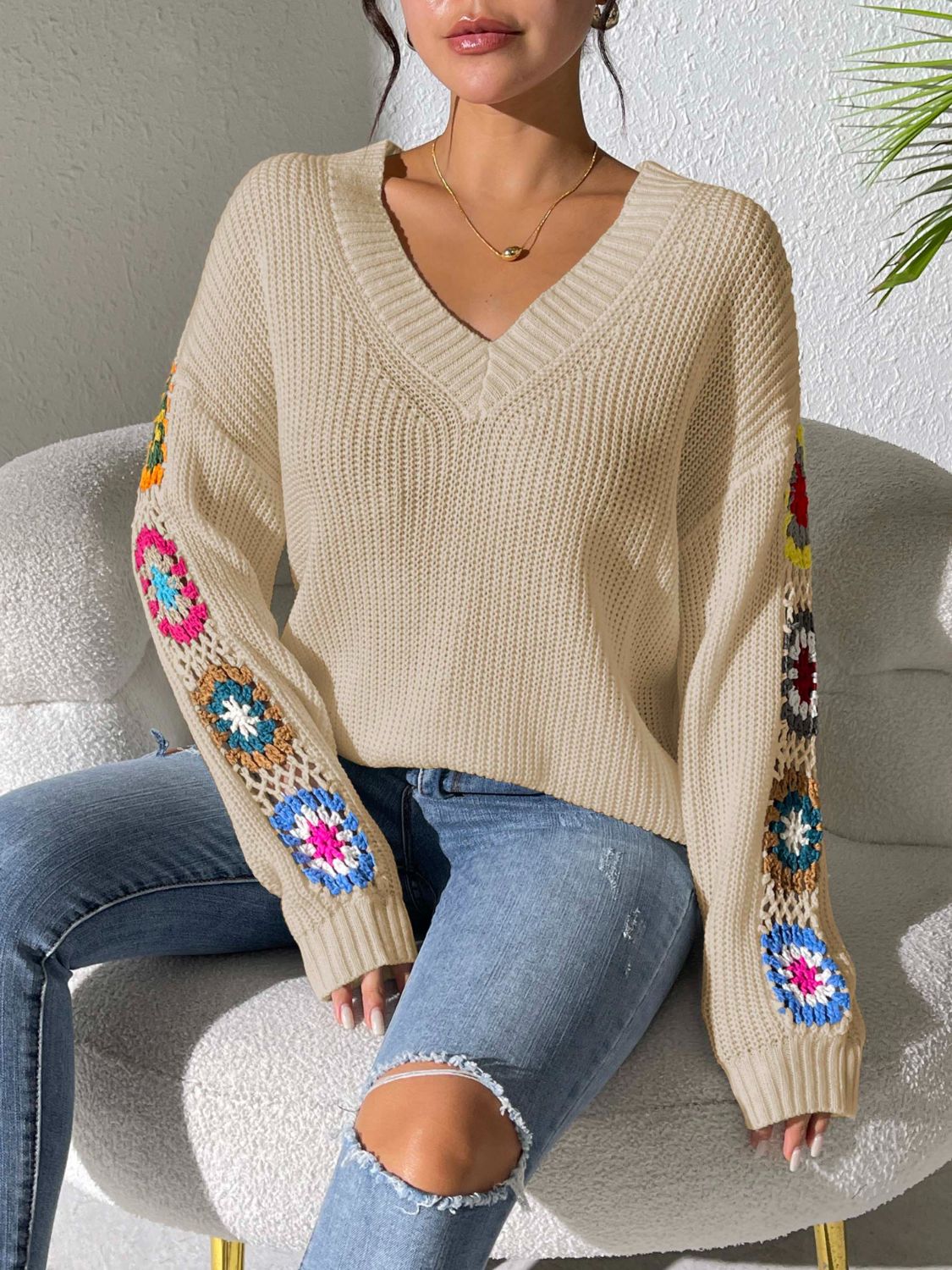 Crochet Flower V-Neck Sweater | Maekery Studio