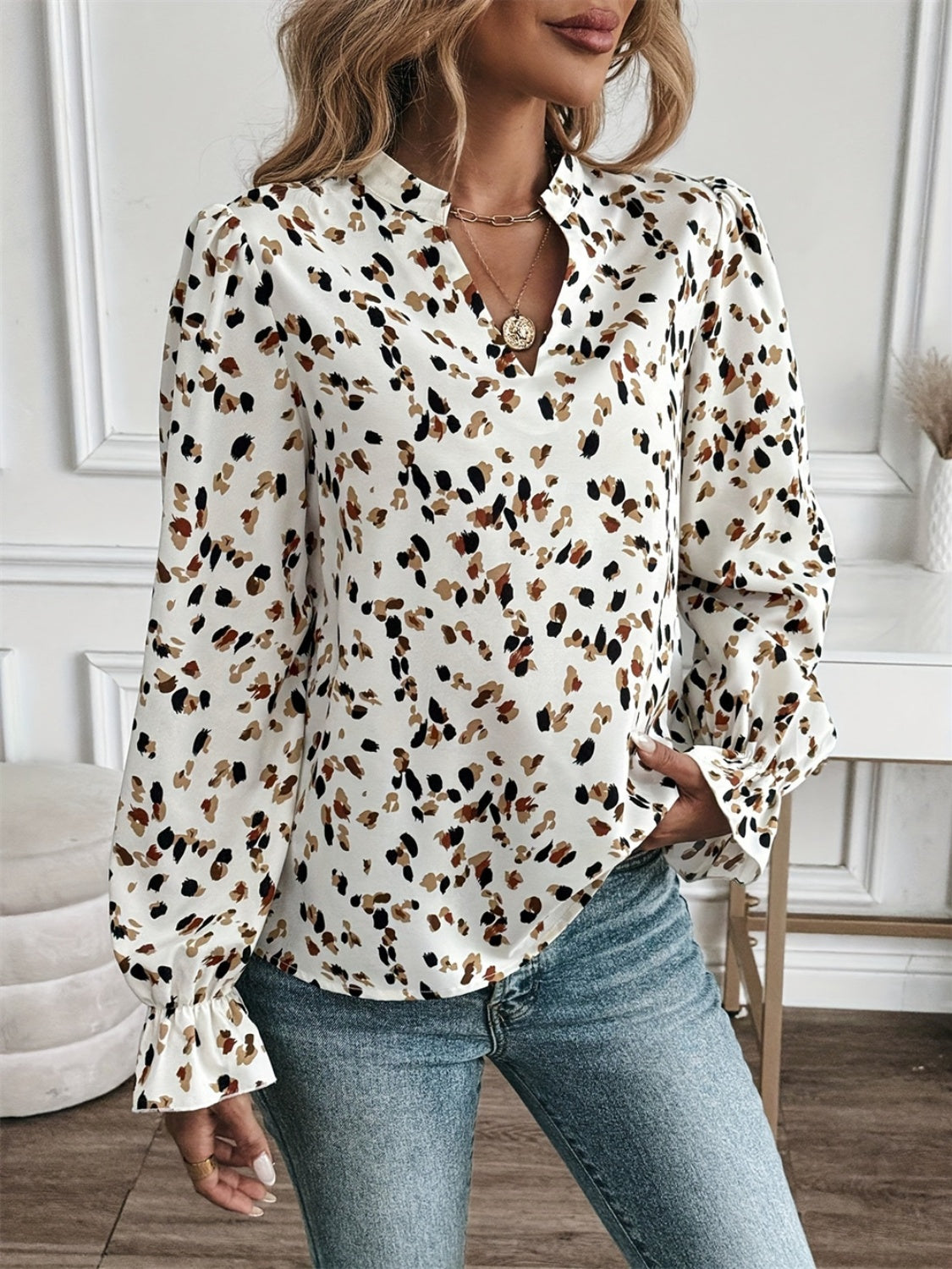 Printed Notched Flounce Sleeve Blouse | Maekery Studio