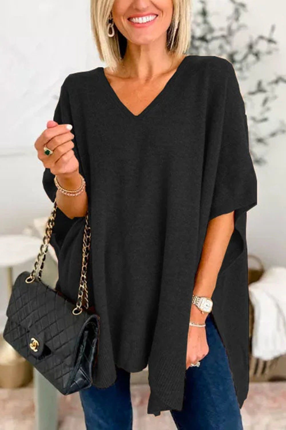 Slit V-Neck Half Sleeve Knit Top | Maekery Studio