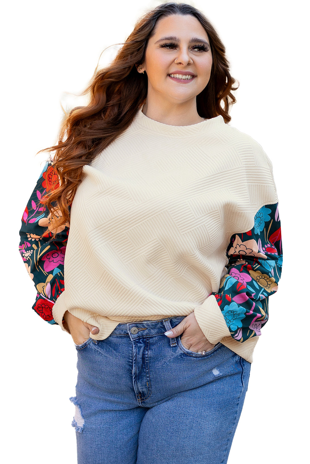 White Floral Patchwork Sleeve Textured Plus Size Pullover Top