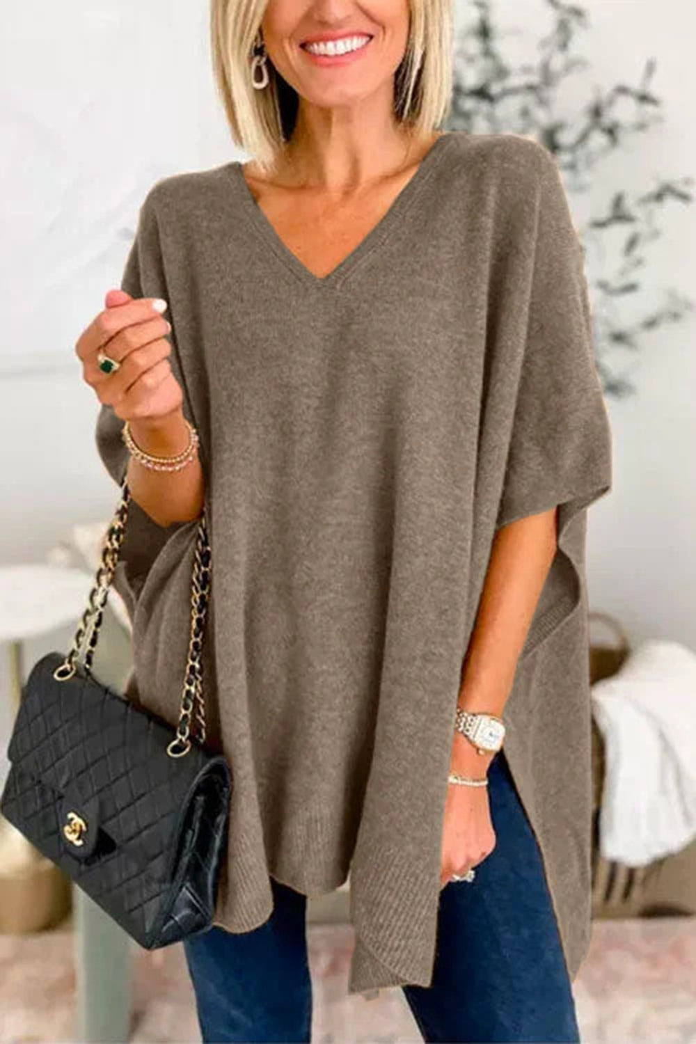 Slit V-Neck Half Sleeve Knit Top | Maekery Studio