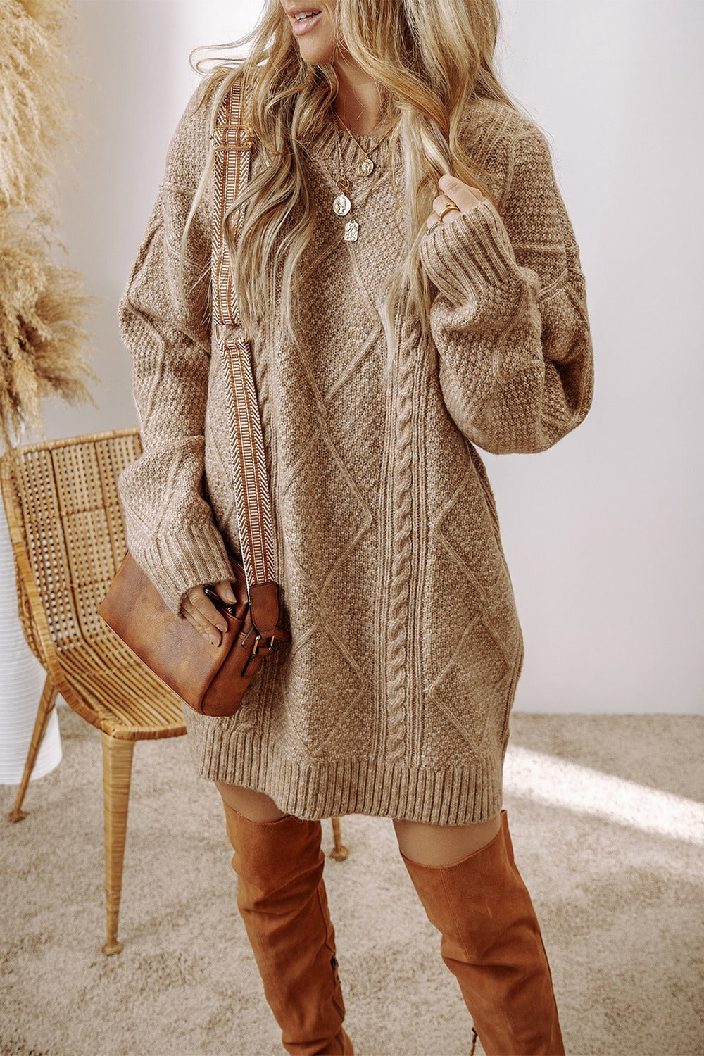 Cable-Knit Round Neck Sweater Dress | Maekery Studio