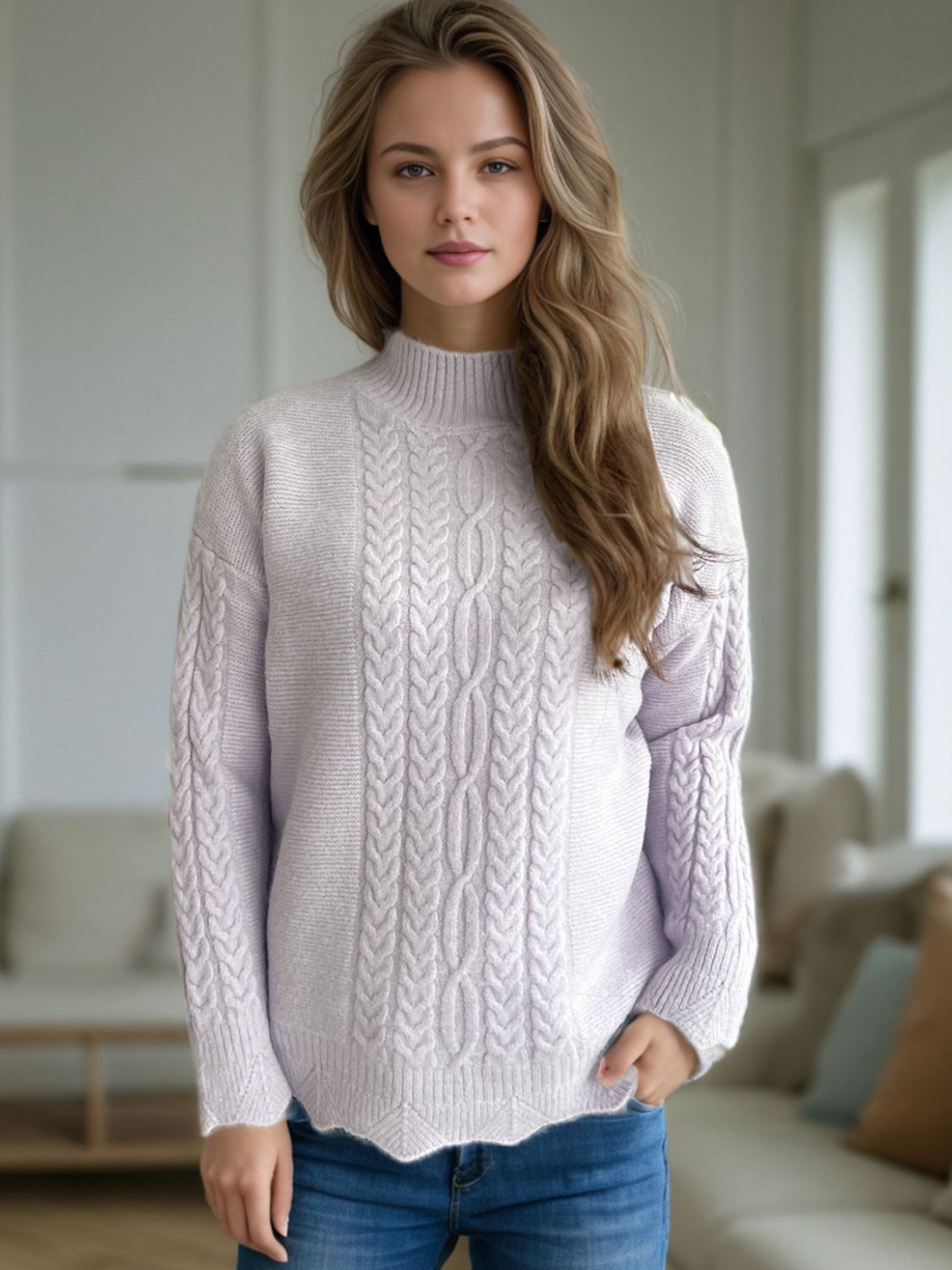 Cable-Knit Mock Neck Dropped Shoulder Sweater