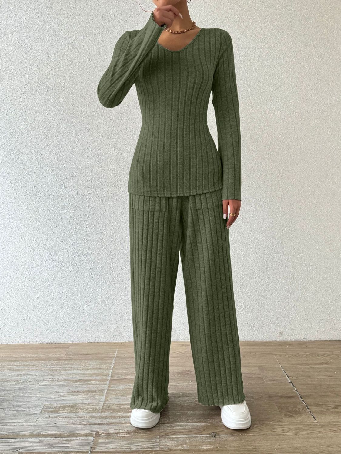 Ribbed V-Neck Long Sleeve Top and Pocketed Pants Set | Maekery Studio