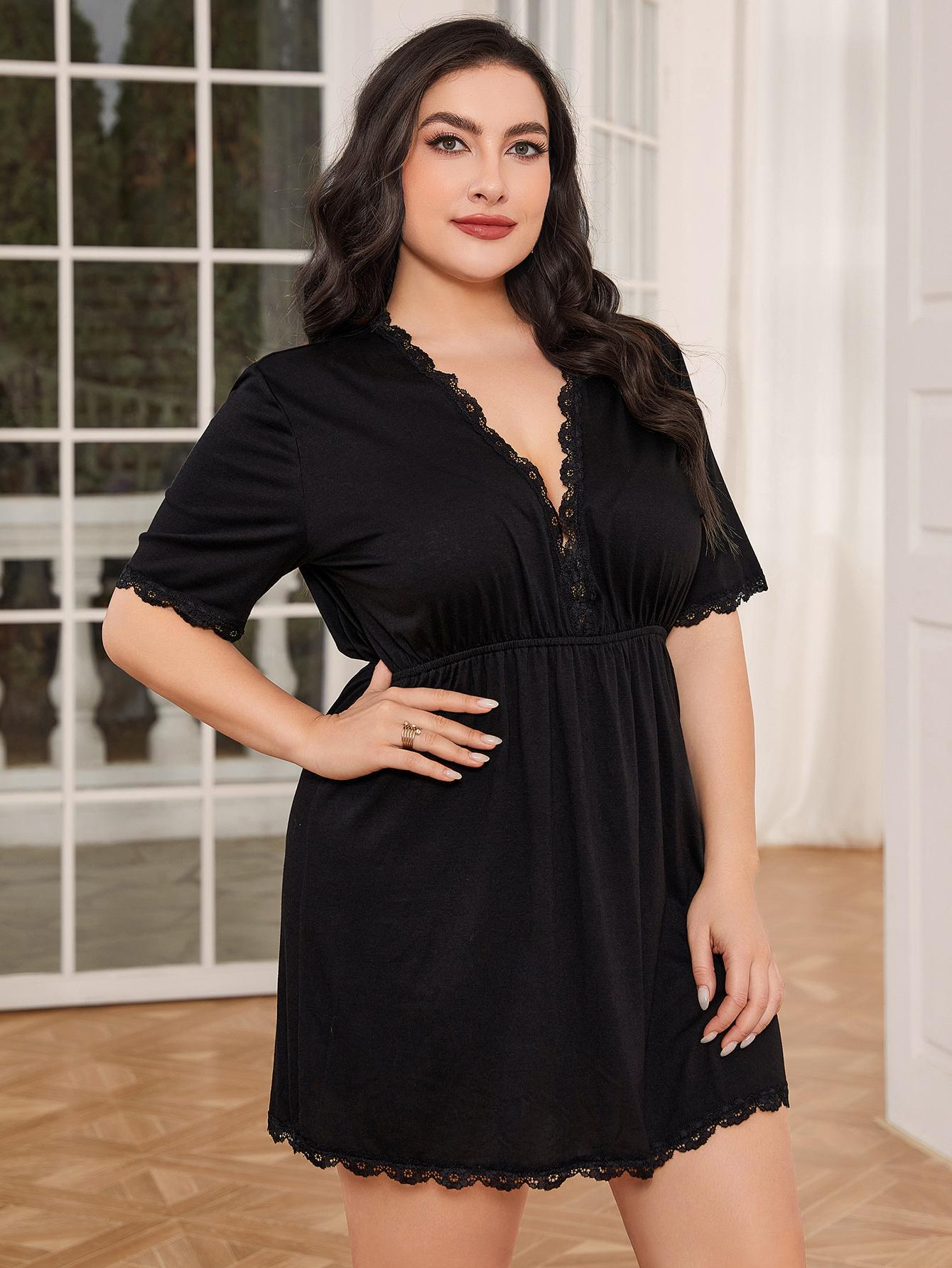 Plus Size Lace Trim Deep V Night Dress | Maekery Studio