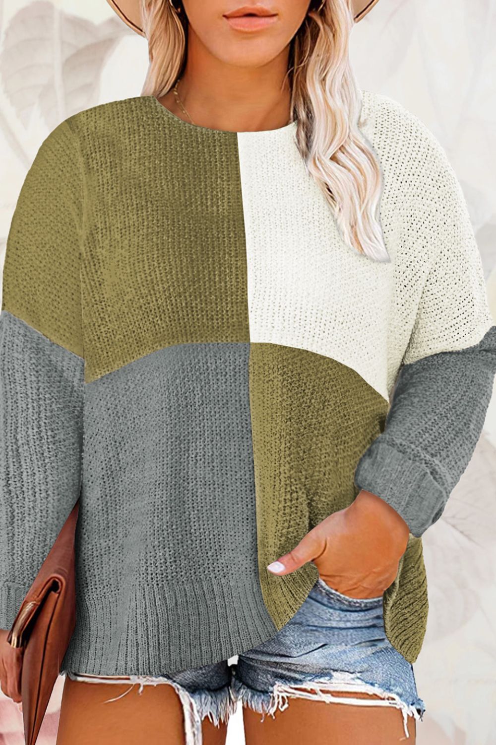 Plus Size Color Block Round Neck Sweater | Maekery Studio